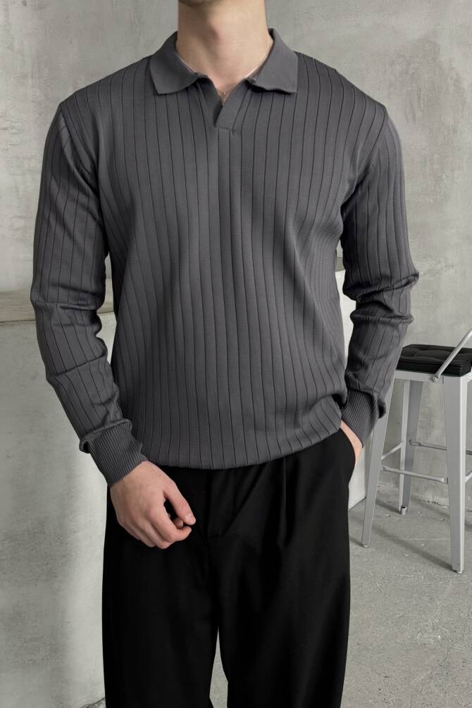 Erkek Polo Yaka Fitilli Oversize Triko Kazak Antrasit - 2
