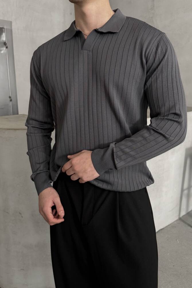 Erkek Polo Yaka Fitilli Oversize Triko Kazak Antrasit - 3