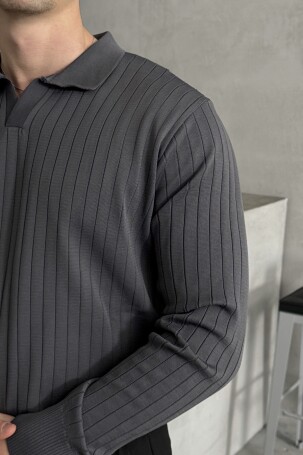 Erkek Polo Yaka Fitilli Oversize Triko Kazak Antrasit - 4
