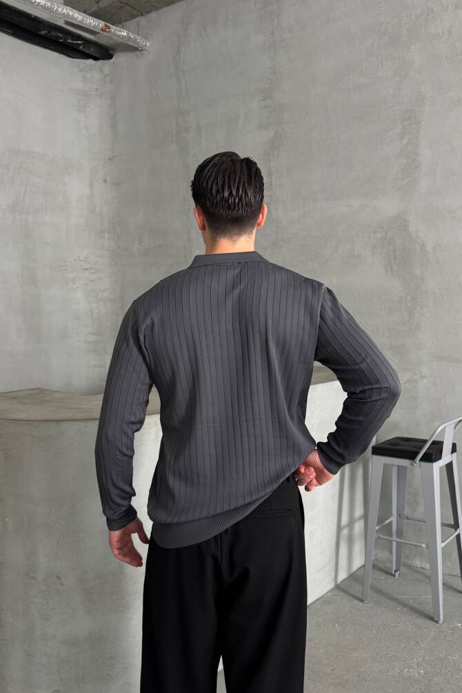 Erkek Polo Yaka Fitilli Oversize Triko Kazak Antrasit - 5