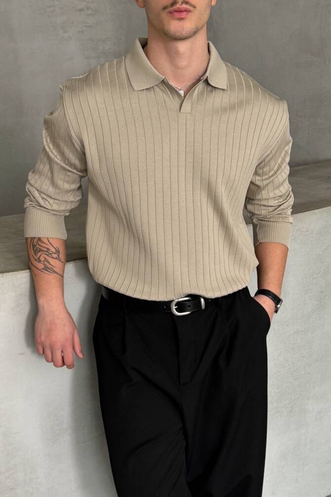Erkek Polo Yaka Fitilli Oversize Triko Kazak Bej - 2