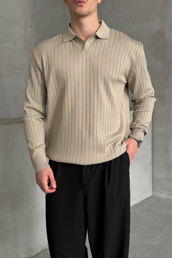Erkek Polo Yaka Fitilli Oversize Triko Kazak Bej - 3