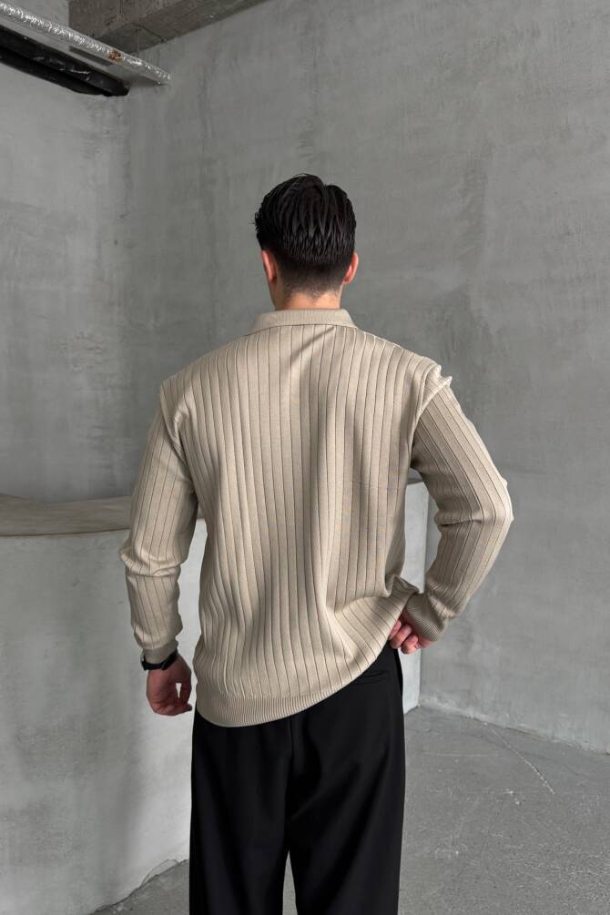 Erkek Polo Yaka Fitilli Oversize Triko Kazak Bej - 4