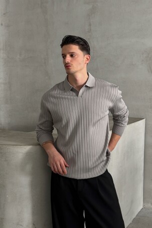 Erkek Polo Yaka Fitilli Oversize Triko Kazak Gri 