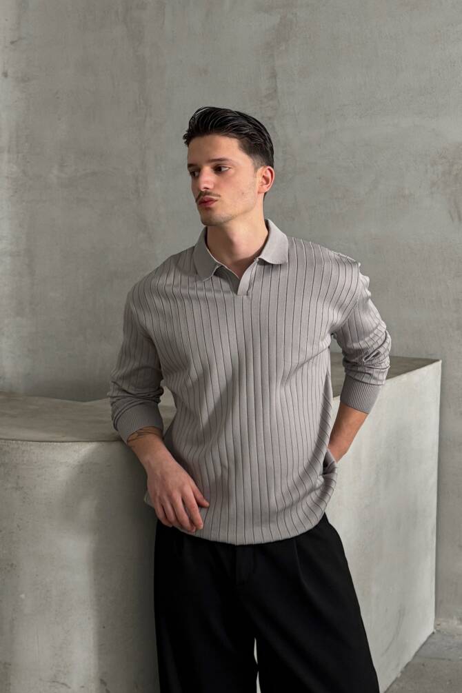 Erkek Polo Yaka Fitilli Oversize Triko Kazak Gri - 1