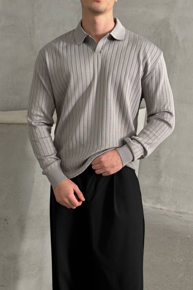 Erkek Polo Yaka Fitilli Oversize Triko Kazak Gri - 2