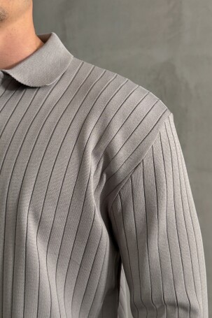 Erkek Polo Yaka Fitilli Oversize Triko Kazak Gri - 3