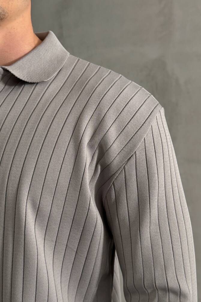 Erkek Polo Yaka Fitilli Oversize Triko Kazak Gri - 3