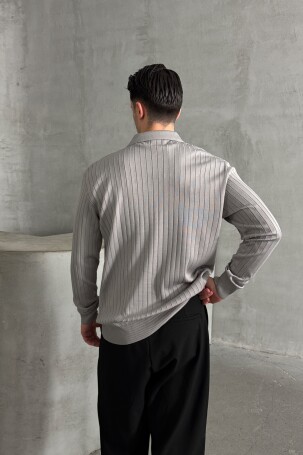 Erkek Polo Yaka Fitilli Oversize Triko Kazak Gri - 4