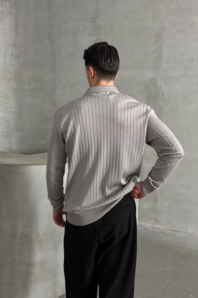 Erkek Polo Yaka Fitilli Oversize Triko Kazak Gri - 4
