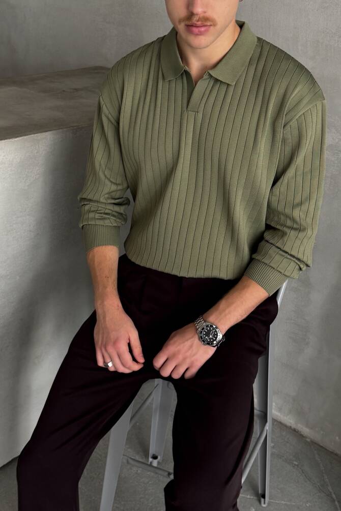 Erkek Polo Yaka Fitilli Oversize Triko Kazak Haki - 2