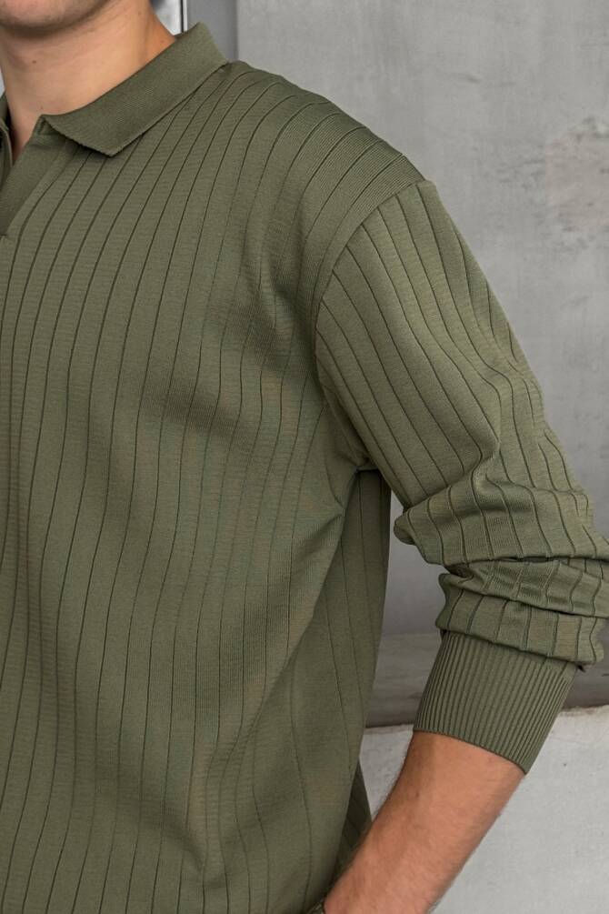 Erkek Polo Yaka Fitilli Oversize Triko Kazak Haki - 3