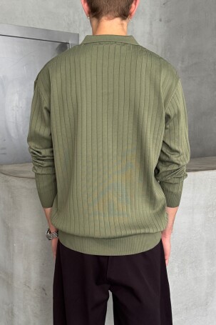 Erkek Polo Yaka Fitilli Oversize Triko Kazak Haki - 4