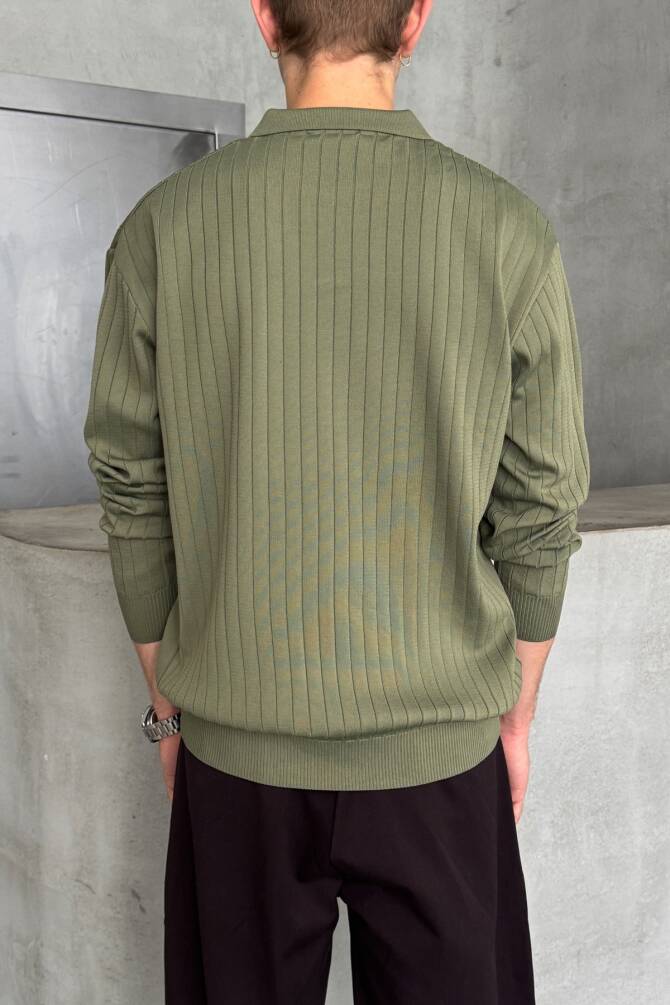Erkek Polo Yaka Fitilli Oversize Triko Kazak Haki - 4