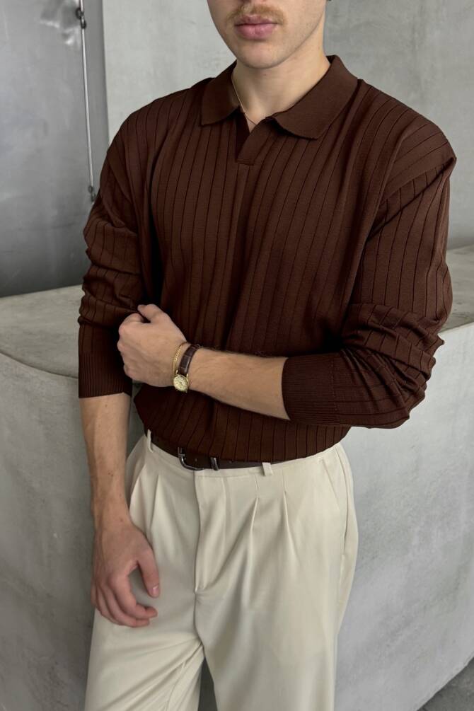 Erkek Polo Yaka Fitilli Oversize Triko Kazak Kahverengi - 2
