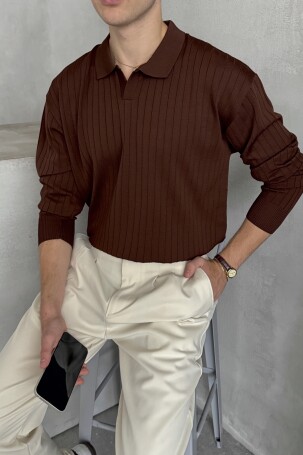 Erkek Polo Yaka Fitilli Oversize Triko Kazak Kahverengi - 3