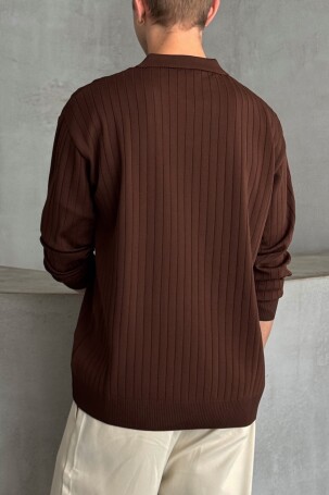 Erkek Polo Yaka Fitilli Oversize Triko Kazak Kahverengi - 4