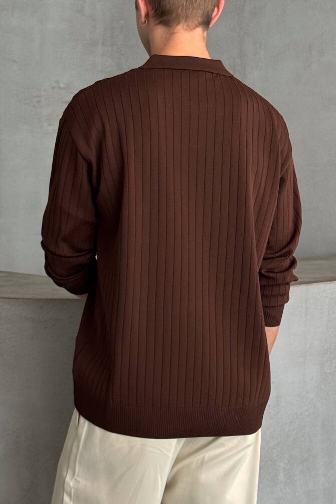Erkek Polo Yaka Fitilli Oversize Triko Kazak Kahverengi - 4