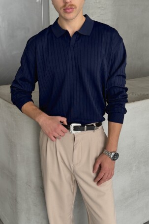 Erkek Polo Yaka Fitilli Oversize Triko Kazak Lacivert 