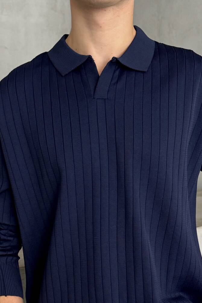 Erkek Polo Yaka Fitilli Oversize Triko Kazak Lacivert - 3