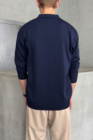 Erkek Polo Yaka Fitilli Oversize Triko Kazak Lacivert - 4