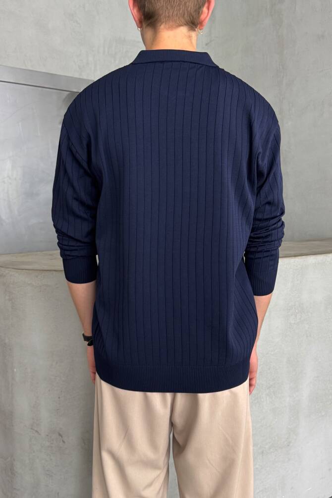 Erkek Polo Yaka Fitilli Oversize Triko Kazak Lacivert - 4