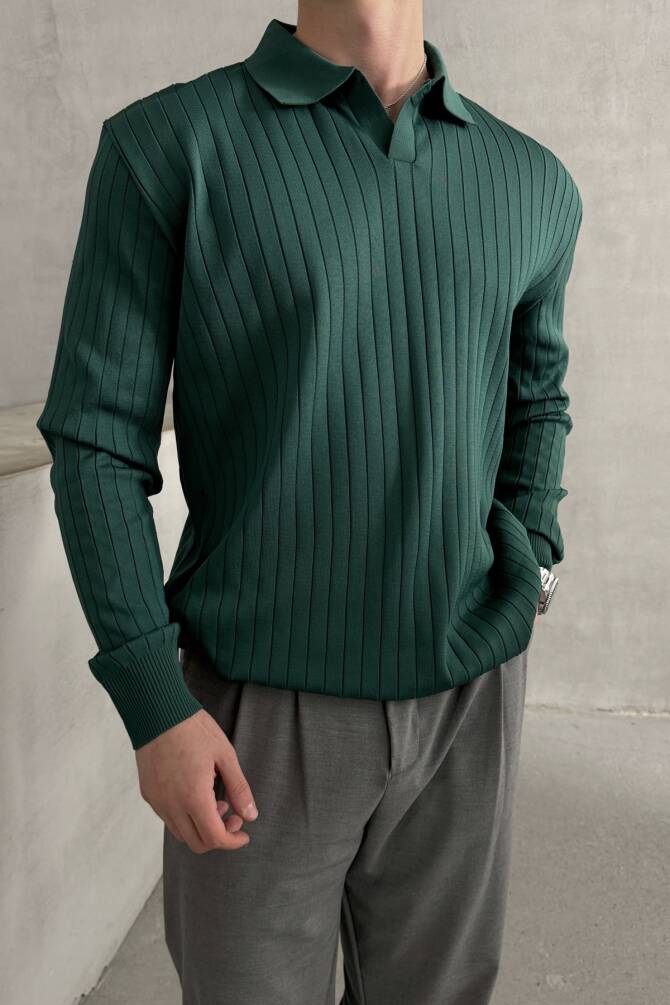Erkek Polo Yaka Fitilli Oversize Triko Kazak Petrol Yeşil - 1