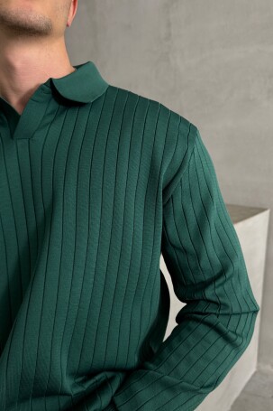 Erkek Polo Yaka Fitilli Oversize Triko Kazak Petrol Yeşil - 2
