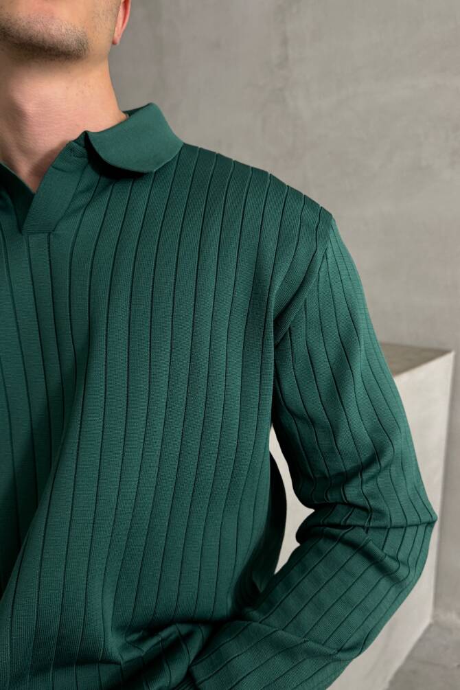 Erkek Polo Yaka Fitilli Oversize Triko Kazak Petrol Yeşil - 2