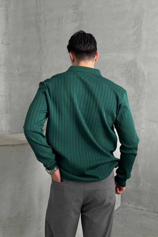 Erkek Polo Yaka Fitilli Oversize Triko Kazak Petrol Yeşil - 3