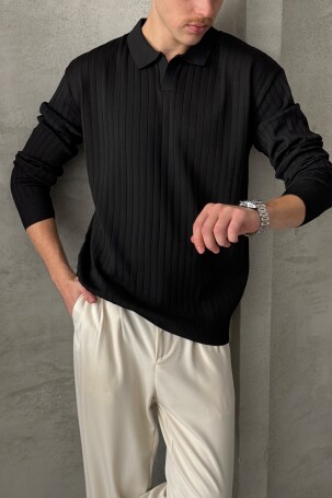 Erkek Polo Yaka Fitilli Oversize Triko Kazak Siyah 