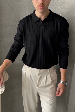 Erkek Polo Yaka Fitilli Oversize Triko Kazak Siyah - 2