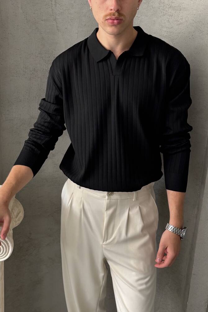 Erkek Polo Yaka Fitilli Oversize Triko Kazak Siyah - 2