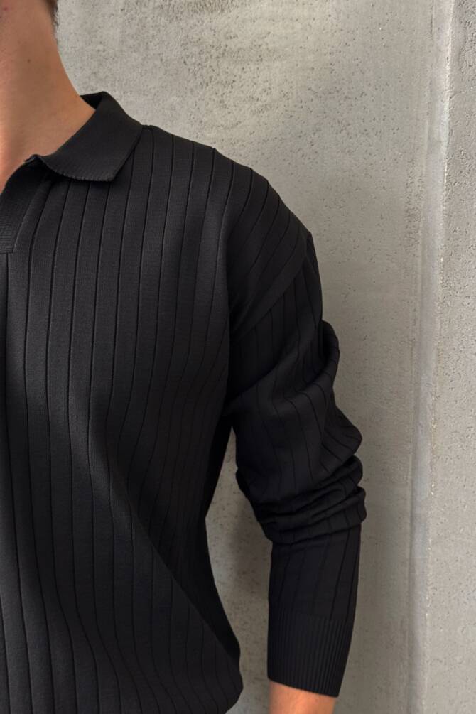 Erkek Polo Yaka Fitilli Oversize Triko Kazak Siyah - 3
