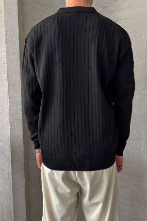 Erkek Polo Yaka Fitilli Oversize Triko Kazak Siyah - 4