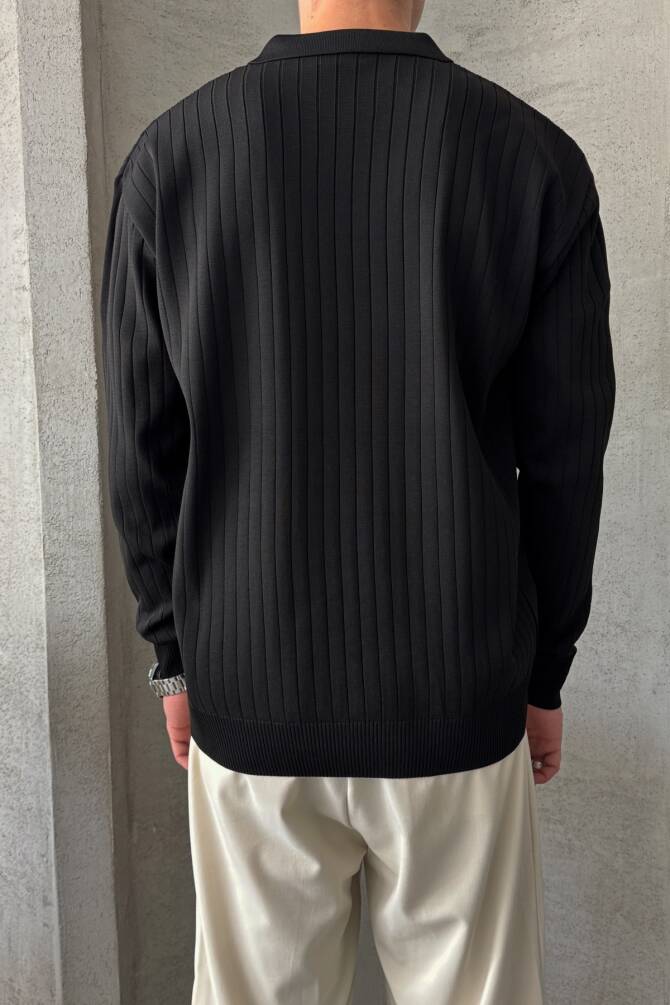 Erkek Polo Yaka Fitilli Oversize Triko Kazak Siyah - 4