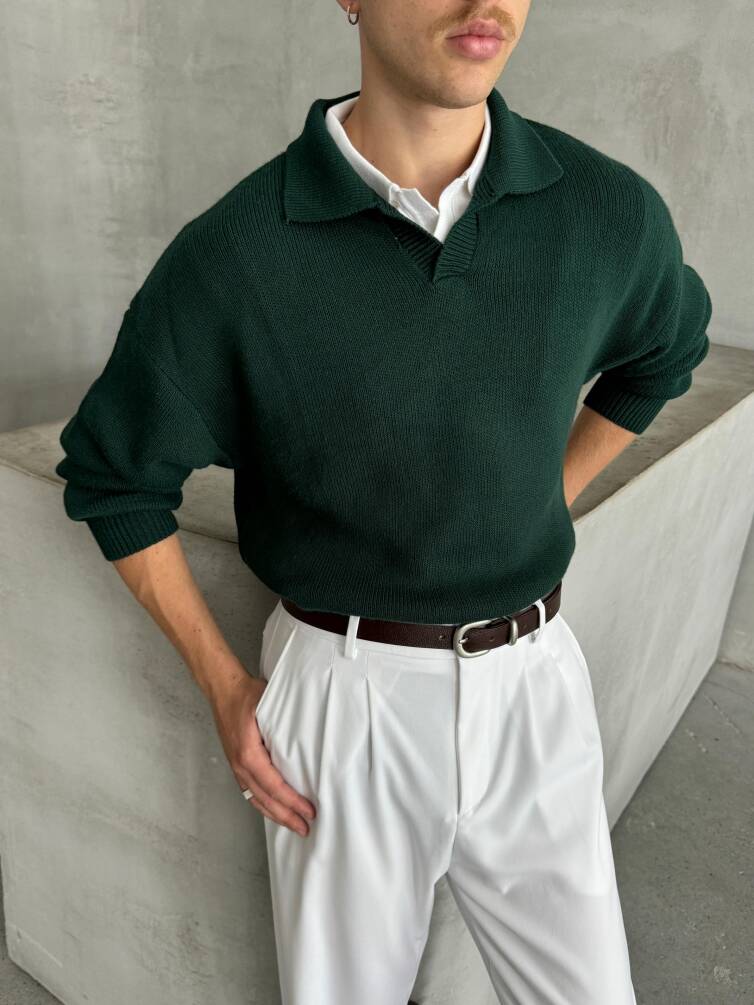 Erkek Polo Yaka Örme Oversize Kazak Koyu Yeşil - 2