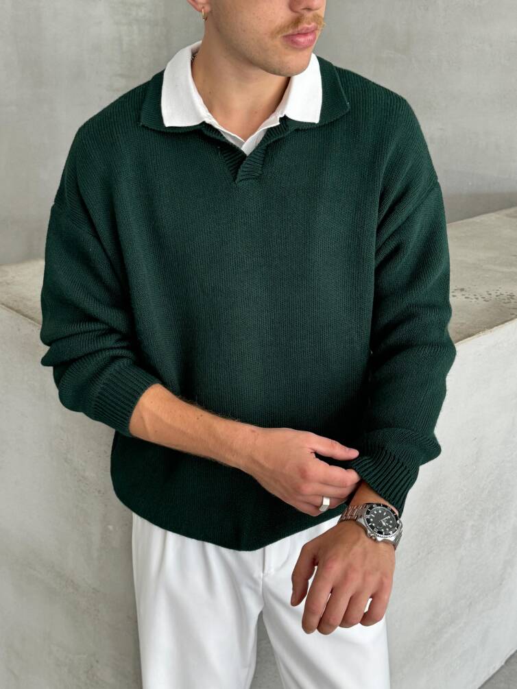 Erkek Polo Yaka Örme Oversize Kazak Koyu Yeşil - 3