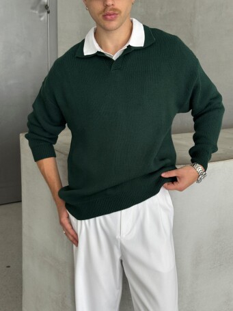 Erkek Polo Yaka Örme Oversize Kazak Koyu Yeşil - 4