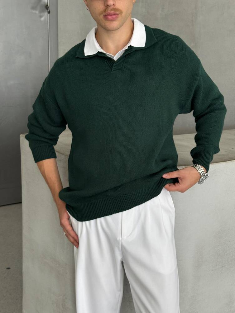 Erkek Polo Yaka Örme Oversize Kazak Koyu Yeşil - 4
