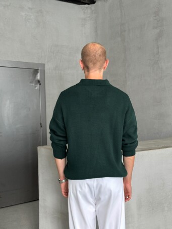 Erkek Polo Yaka Örme Oversize Kazak Koyu Yeşil - 5