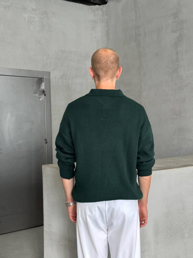 Erkek Polo Yaka Örme Oversize Kazak Koyu Yeşil - 5