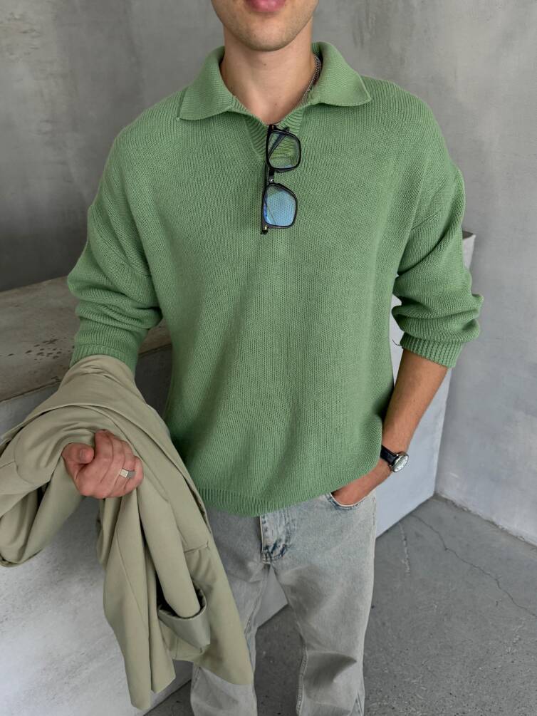 Erkek Polo Yaka Örme Oversize Kazak Yeşil - 2