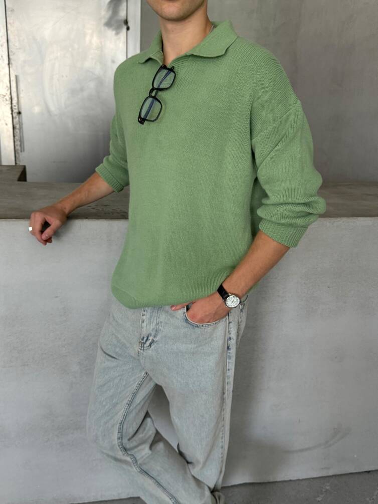 Erkek Polo Yaka Örme Oversize Kazak Yeşil - 3