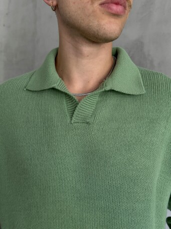 Erkek Polo Yaka Örme Oversize Kazak Yeşil - 4