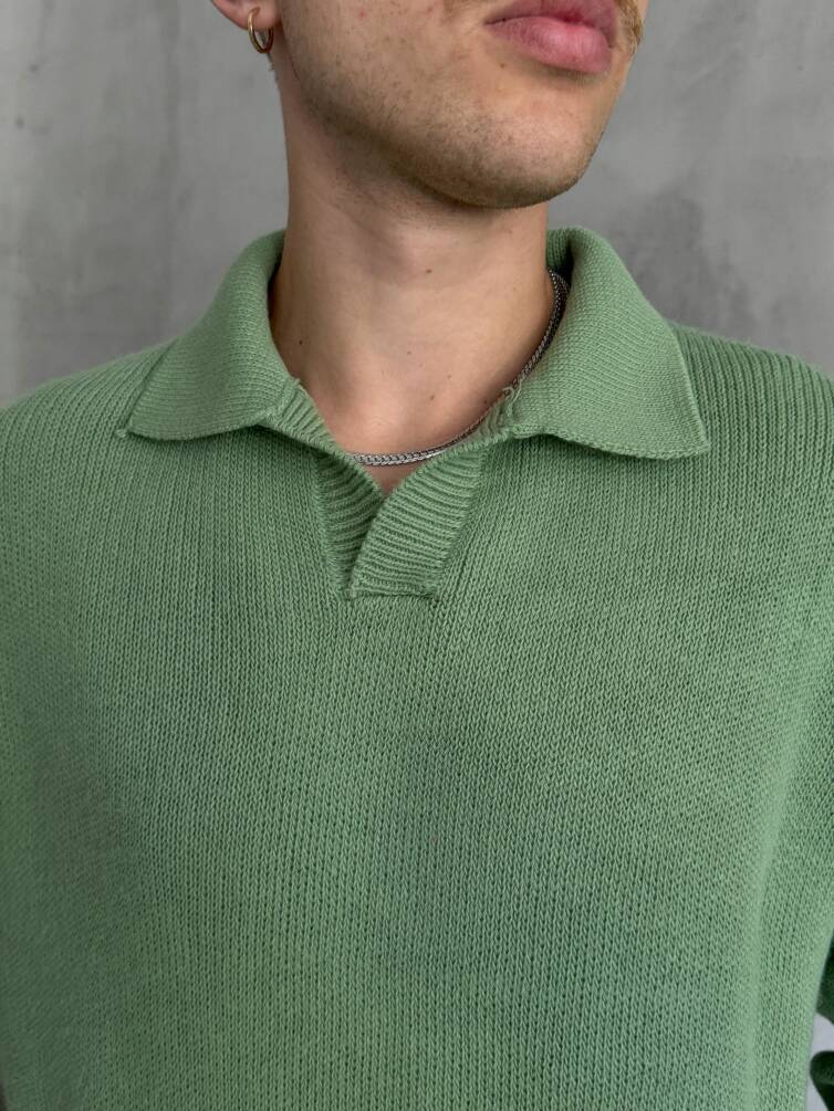 Erkek Polo Yaka Örme Oversize Kazak Yeşil - 4