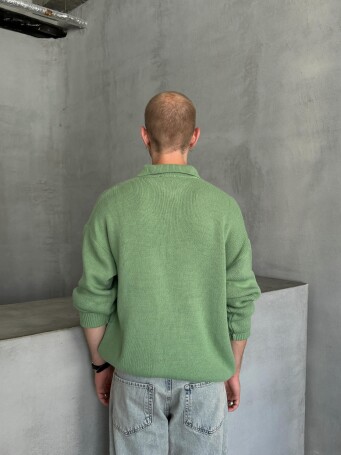 Erkek Polo Yaka Örme Oversize Kazak Yeşil - 5