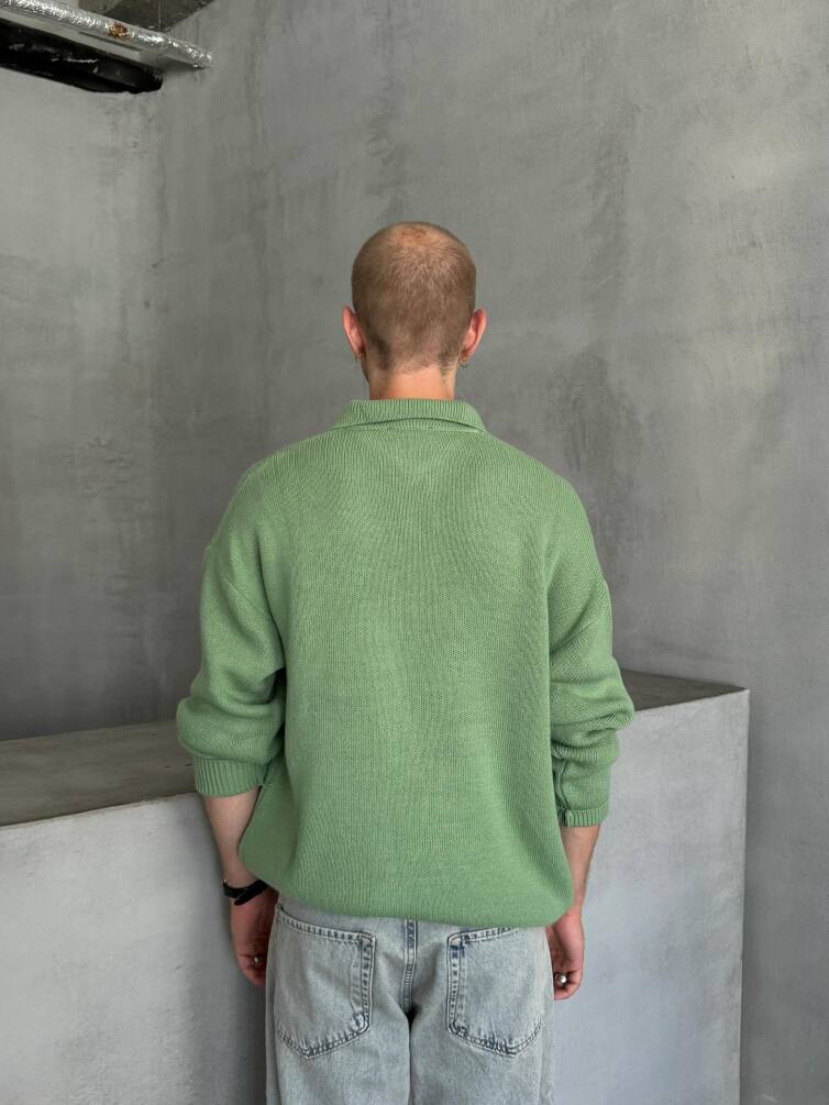 Erkek Polo Yaka Örme Oversize Kazak Yeşil - 5