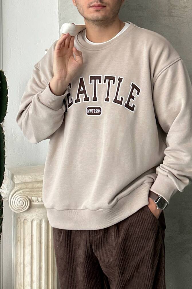 Erkek Seattle Baskılı Oversize Sweatshirt Bej - 1