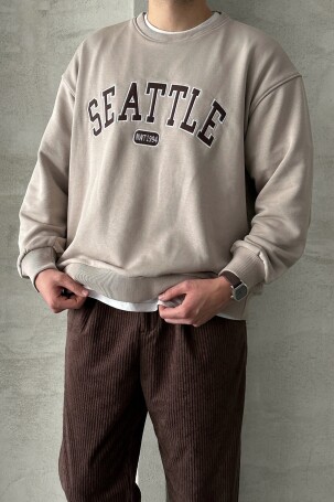 Erkek Seattle Baskılı Oversize Sweatshirt Bej - 2